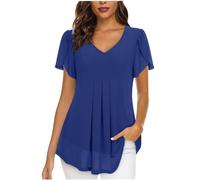 Chiffon Tops for Women UK Elegant Blouses Casual V Neckline Tunics Tops Slit Short Sleeve Blouse T Shirts Solid Colour Black Shirts Pleated Longline Blouses with Lining