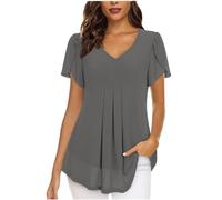 Chiffon Tops for Women UK Elegant Blouses Casual V Neckline Tunics Tops Slit Short Sleeve Blouse T Shirts Solid Colour Black Shirts Pleated Longline Blouses with Lining