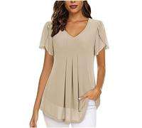 Chiffon Tops for Women UK Elegant Blouses Casual V Neckline Tunics Tops Slit Short Sleeve Blouse T Shirts Solid Colour Black Shirts Pleated Longline Blouses with Lining