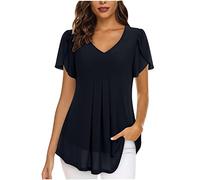 Chiffon Tops for Women UK Elegant Blouses Casual V Neckline Tunics Tops Slit Short Sleeve Blouse T Shirts Solid Colour Black Shirts Pleated Longline Blouses with Lining