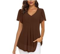 Chiffon Tops for Women UK Elegant Blouses Casual V Neckline Tunics Tops Slit Short Sleeve Blouse T Shirts Solid Colour Black Shirts Pleated Longline Blouses with Lining