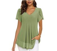 Chiffon Tops for Women UK Elegant Blouses Casual V Neckline Tunics Tops Slit Short Sleeve Blouse T Shirts Solid Colour Black Shirts Pleated Longline Blouses with Lining