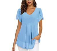 Chiffon Tops for Women UK Elegant Blouses Casual V Neckline Tunics Tops Slit Short Sleeve Blouse T Shirts Solid Colour Black Shirts Pleated Longline Blouses with Lining
