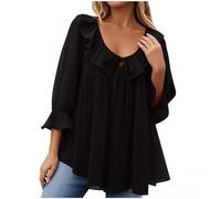 Chiffon Tops for Women UK Long Sleeve Peplum Blouses Ruffle Cuffs and Collar Pleated Tunic Tops to Hide Belly Elegant Casual Office Dressy Shirts Going Out Summer Fall 01 Black XL