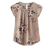 Chiffon Tops for Women UK Plus Size,Ladies T Shirts Elegant Floral Printed Cap Sleeve Tunic Tops Round Neck Going Out Top Floaty Loose Summer Blouses Floaty Tee Shirts Sale Clearance XS-5XL Khaki