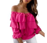 Chiffon Tops for Women UK Sexy Cold Shoulder Tops Elegant Double Layered Ruffled Blouses Cute Lotus Leaves Half Sleeve Shirt Sexy Tie Front Top for Evening Party, Cocktail,Going Out