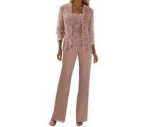 Chiffon Trouser Suits for Ladies Wedding 3 Pieces Dusty-Rose Mother of The Groom Outfits Lace Trouser Suits for Women UK Size 14