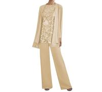 Chiffon Trouser Suits for Ladies Wedding Champagne Mother of The Bride Outfits 3 Pieces Trouser Suits for Women UK Size 16