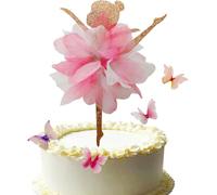 Chiffon Tutu Ballerina with 4 Butterflies Cake Topper Glitter Pink Fairy Ballet Theme Cake Decoration for Girl's Anniversary, Baby Shower or Happy Birthday Party Supplies.