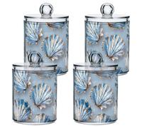 CHIFIGNO 4 Pack Qtip Dispenser 10 Oz Clear Apothecary Plastic Jars Light Blue Seashells Bathroom Vanity Organizer for Cotton Ball, Cotton Swab, Cotton Round Pads, Floss
