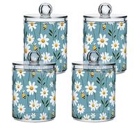CHIFIGNO 4 Pack Qtip Holder Dispenser White Daisy Bees Turquoise Blue Clear Plastic Apothecary Jars Bathroom Vanity Organizer for Cotton Ball, Cotton Swab, Cotton Round Pads, Floss 10 Oz
