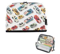 CHIFIGNO Big Capacity Pencil Case Organizer Zippered Pencil Bag Stand Up Pen Case Back to School Supplies for Teen Students Adults Cute Cartoon Cars White