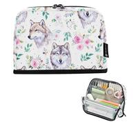 CHIFIGNO Big Capacity Standing Pencil Case Organizer Watercolor Wolf Floral White Pencil Bag Zipper Makeup Cosmetics Bag Stationery Supplies for Teen Boys Girls College