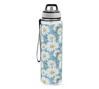 CHIFIGNO Cute Bees White Daisy Flowers 32 Oz Water Bottles with Straw and Handle, Sports Water Bottles with Carrying Strap, BPA Free Reusable Water Bottle for Fitness Outdoor Sports