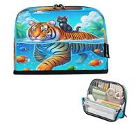 CHIFIGNO Cute Cat Tiger Fish Blue Large Capacity Pencil Case Pouch Standing Pencil Bag with Zipper Pen Case Back to School Supplies for Boys Girls Teen College
