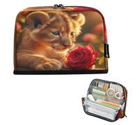 CHIFIGNO Cute Tiger Red Rose Standing Pencil Case Organizer Large Zipper Pencil Pouch Pen Case Back to School Supplies for Teen Boys Girls Adults