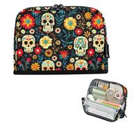 CHIFIGNO Funny Skulls Flowers Black Pencil Case Pouch Large Pencil Pouch Standing Pen Bag with Zipper Back to School Supplies for Students Adults Boys Girls