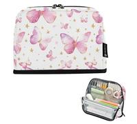 CHIFIGNO Golden Stars Pink Butterflies Standing Pencil Case Big Capacity Zipper Pencil Pouch Makeup Cosmetics Bag Stationery Supplies for Adults Students Boys Girls