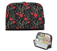 CHIFIGNO High Capacity Pencil Case Organizer Zippered Pencil Pouch Stand Up Makeup Cosmetics Bag Back to School Supplies for Students Boys Girls Teen Red Poppy Flower Black