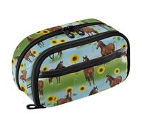 CHIFIGNO Large Pencil Case Brown Horses Yellow Sunflowers Colored Pencil Box with PVC Window Water-Resistant Large Capacity Aesthetic Pen Organizer for School Office Travel College