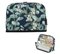 CHIFIGNO Large Pencil Case Pouch Zippered Pencil Pouch Stand Up Desk Organizer Stationery Supplies for Boys Girls Teen Adults Green Eucalyptus White Flowers