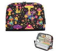 CHIFIGNO Large Standing Pencil Case Pouch Psychedelic Mushroom Flowers Black Pencil Bag Zipper Pen Bag Back to School Supplies for Boys Girls Teen Adults