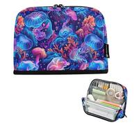 CHIFIGNO Neon Coral Reefs Jellyfish Large Pencil Case Pouch Standing Pencil Pouch with Zipper Pen Storage Organizer Stationery Supplies for Boys Girls College Students