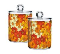 CHIFIGNO Orange Retro Hippie Flowers Clear Plastic Jars Set of 2, Clear Plastic Apothecary Jars Bathroom Canister for Cotton Pads, Cotton Ball, Cotton Swabs, Floss Picks 10 Oz