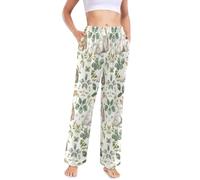 CHIFIGNO Pajama Pants Women Casual Lounge Pants Soft Pj Bottoms Womens Pajama Bottoms with Pockets, Watercolor Rabbits and Leaves, Medium