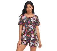 CHIFIGNO Pajama Sets for Women Short Sleeve Sleepwear Top with Shorts Set Casual Two Piece Lounge Wear Set Pj Sets for Women, Colorful Sugar Skulls Flowers, XL