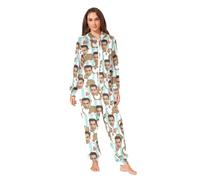 CHIFIGNO Personalized Face Photo Funny Adult Onesie Pajamas Custom Sleepwear Zip Hooded Jumpsuit One-Piece Holiday Costume, Cute Dog Pink Hearts Blue Plaid, Large
