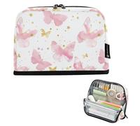 CHIFIGNO Pink Butterflies Golden Stars Standing Pencil Case Pouch Big Capacity Zipper Pencil Bag Pen Case Stationery Supplies for Boys Girls Adults College