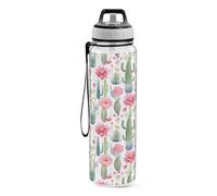 CHIFIGNO Pink Flowers Green Cactus 32 Oz Water Bottles with Straw and Handle, Sport Water Bottles with Carrying Strap, BPA Free Slim Water Bottles for Gym Camping Hiking Travel Sports