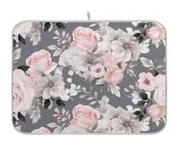 CHIFIGNO Pink Roses Grey Leaves Dish Drying Mat, 16 x 18 Inch Quick Drying Coffee Mat Dish Draining Mat Microfiber for Kitchen Counter Holiday Home Decoration