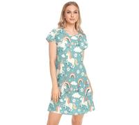 CHIFIGNO Short Sleeve Women's Night Gown Printed Sleepshirt Soft Pajama Dress Night Gowns for Adult Women, Cartoon Unicorns Rainbows Flowers, XXL