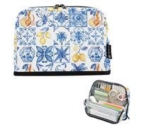 CHIFIGNO Sicilian Style Blue White Pencil Case Pouch Big Capacity Pencil Bag Standing Makeup Cosmetics Bag with Zipper Back to School Supplies for Teen College Boys Girls