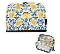 CHIFIGNO Sicilian Style Lemons Blue Flowers Pencil Case Big Capacity Pencil Pouch Standing Pen Case with Zipper Stationery Supplies for Boys Girls Students Teen
