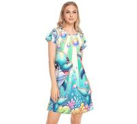 CHIFIGNO Soft Womens Nightgown Print Sleepshirt Short Sleeve Sleep Dress Ladies Nightgowns, Blue Dolphins, S