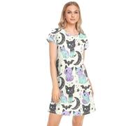 CHIFIGNO Soft Women's Nightgowns Printed Sleepshirt Short Sleeve Sleep Tee Nightgown Dress for Women, Cute Pastel Goth Cat Bat, XL