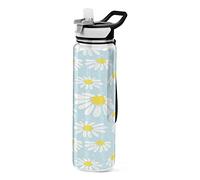 CHIFIGNO Spring Daisy Pattern Water Bottles 32oz Travel Water Bottle with Straw and Carrying Strap, 1Liter Leakproof Lightweight Water Bottle for Cycling, Hiking Fitness