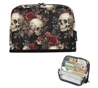 CHIFIGNO Vintage Skulls Red Roses Black Standing Pencil Case Pouch Large Zipper Pencil Bag Pen Case Back to School Supplies for Teen College Students