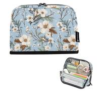 CHIFIGNO White Flowers Blue Standing Pencil Case Organizer Big Capacity Pencil Pouch Zipper Pen Case Back to School Supplies for Teen Boys Girls Students