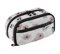CHIFIGNO White Skull Pink Flower Pencil Bag Big Pencil Case Water-Resistant Aesthetic Pen Organizer with PVC Window for School Girls Teen Boys Men Women