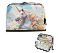 CHIFIGNO White Unicorn Colorful Flowers Pencil Case Organizer Big Capacity Pencil Bag Standing Pen Bag with Zipper Back to School Supplies for Adults Students Boys Girls