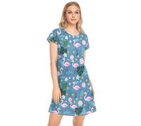 CHIFIGNO Women's Night Gown Short Sleeve Sleepshirts Summer Nightgowns for Women Night Shirts, Pink Flamingos and Cute Flowers-1, XXL