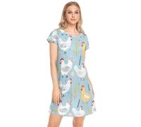 CHIFIGNO Womens Nightgown Printed Sleepshirt Short Sleeve House Dress for Women Cute Sleep Tee, White Yellow Chickens Cute Farm Animals, L