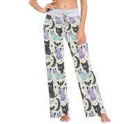 CHIFIGNO Womens Pajama Pants Wide Leg Lounge Pant Sleep Pajamas Pants Ladies Pj Bottoms, Cute Pastel Goth Cat Bat, Large