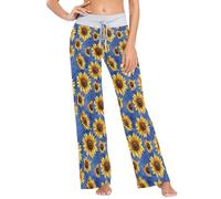CHIFIGNO Womens Pajamas Pants Long Wide Leg Lounge Pants Lightweight Sleep Pj Bottoms, Yellow Sunflowers on Blue-3, Medium