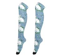 CHIFIGNO Women's Thigh High Socks Funky Long Knee High Socks Funny Tall Socks Thigh Highs Cosplay Crazy Stockings, White Rabbits and Blue Flowers, White Rabbits and Blue Flowers, One Size