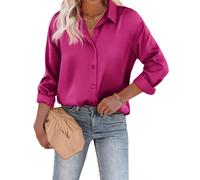Chigant Women's Blouse Satin Silk Shirts Button Down Shirts Casual Loose Long Sleeve Office Work Tunic Tops, Rosy Red, S
